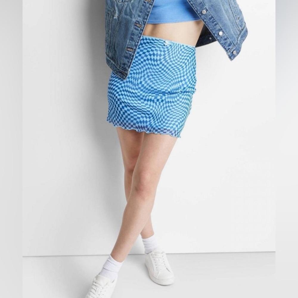 Blue checkered mesh bodycon mini skirt